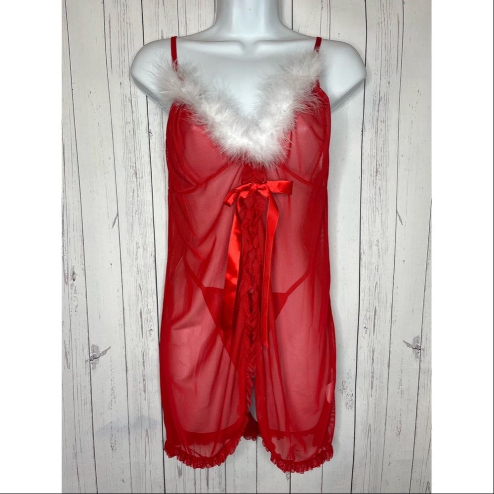 RSLOVE Size XXL Red Chiffon Chemise with Fur Trim Valentines Day Lingerie